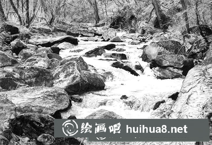 超寫實鋼筆畫教程：湍急溪流的刻畫