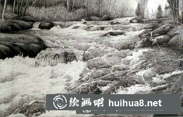 超寫實鋼筆畫教程：湍急溪流的刻畫