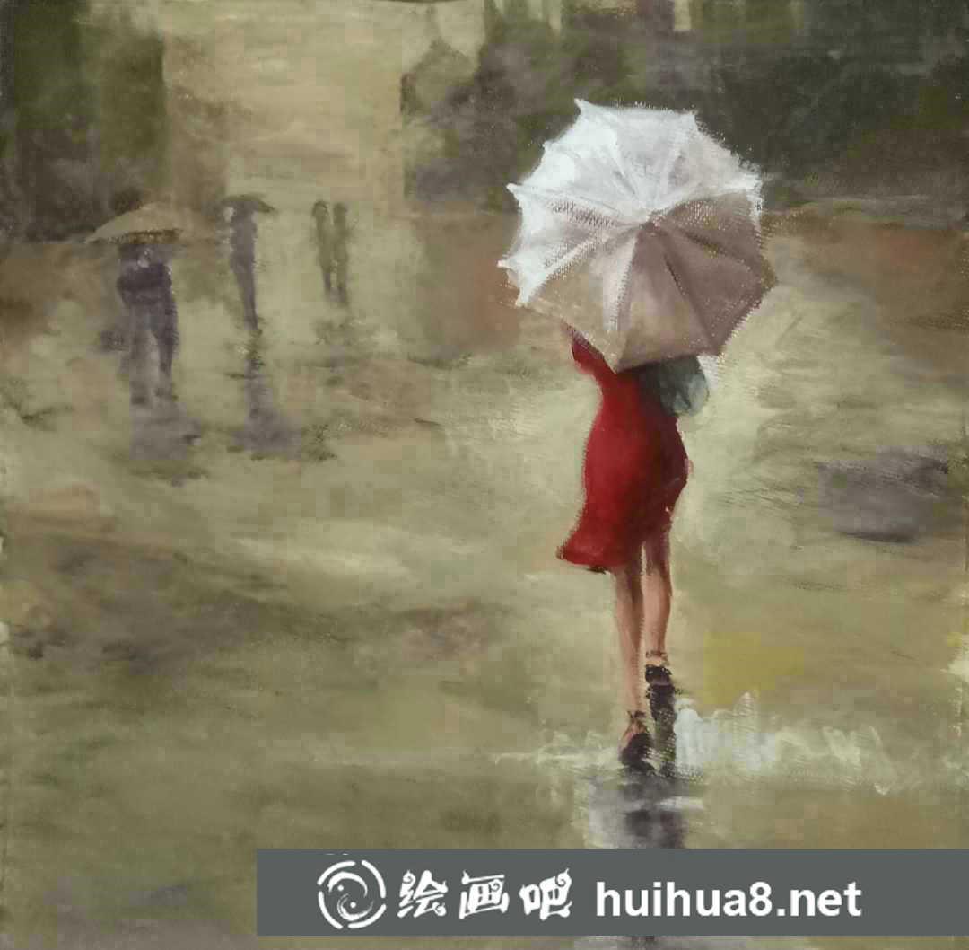 雨中紅衣女郎背影風(fēng)景水粉畫