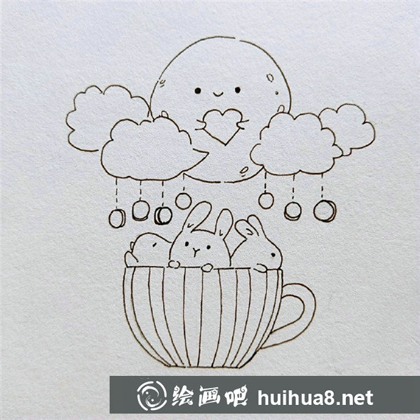 中秋兒童畫：可愛的月亮和小兔子的組合兒童畫教程