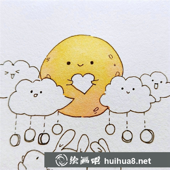 中秋兒童畫：可愛的月亮和小兔子的組合兒童畫教程
