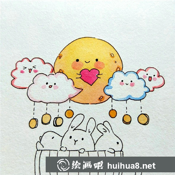 中秋兒童畫：可愛的月亮和小兔子的組合兒童畫教程