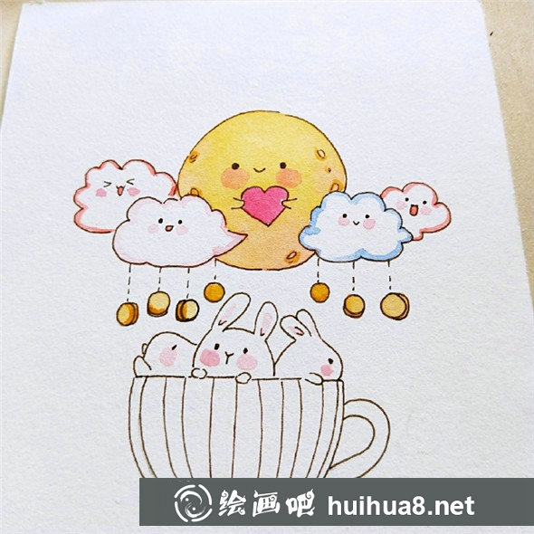 中秋兒童畫：可愛的月亮和小兔子的組合兒童畫教程