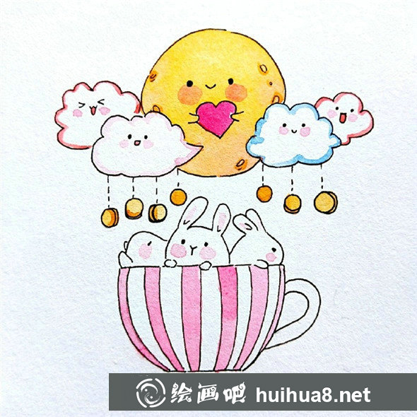 中秋兒童畫：可愛的月亮和小兔子的組合兒童畫教程