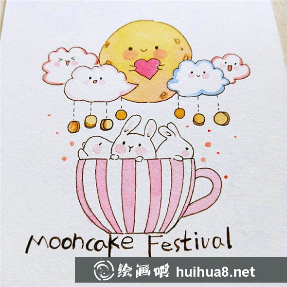 中秋兒童畫：可愛的月亮和小兔子的組合兒童畫教程