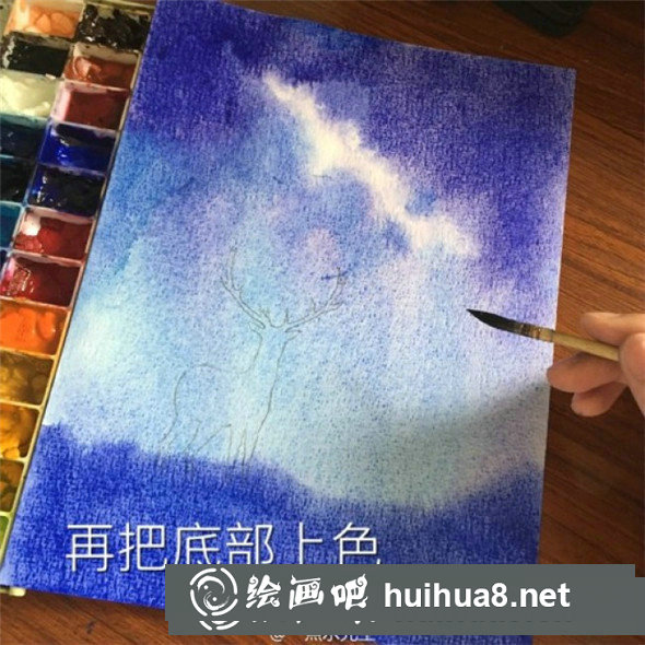 星空下的麋鹿手繪水彩畫教程