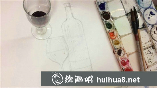 水彩畫靜物教程：手繪紅酒杯和紅酒瓶