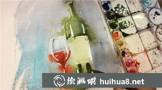 水彩畫靜物教程：手繪紅酒杯和紅酒瓶