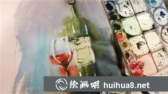 水彩畫靜物教程：手繪紅酒杯和紅酒瓶