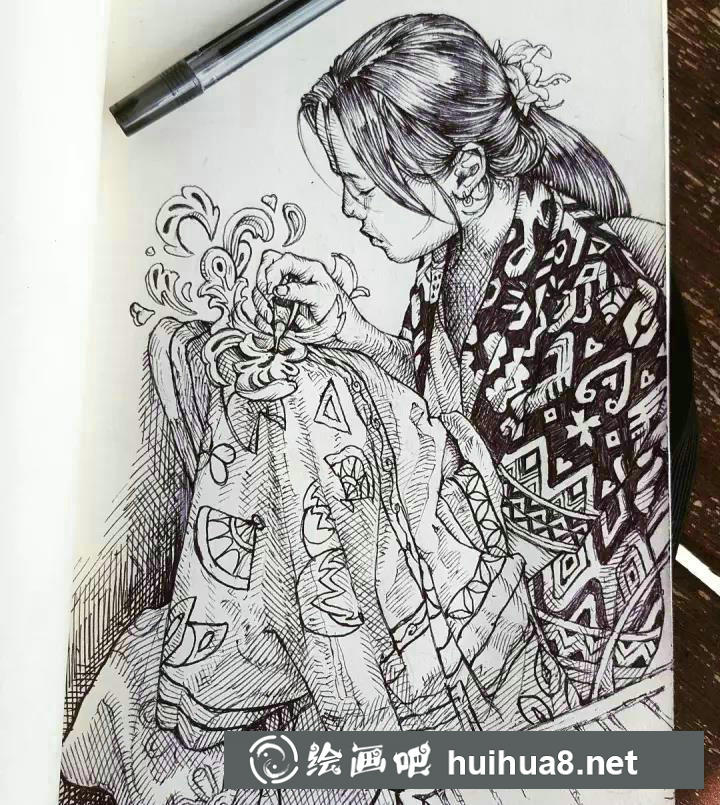 針管筆手繪人物插畫作品