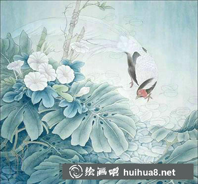 工筆畫教程怎么畫《龜背竹白鷴》