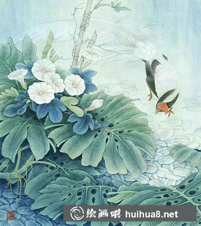 工筆畫教程怎么畫《龜背竹白鷴》