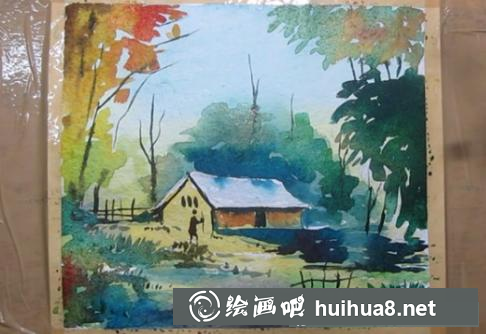 水彩畫林中小屋
