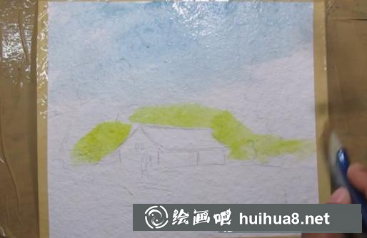 水彩畫林中小屋