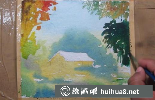 水彩畫林中小屋