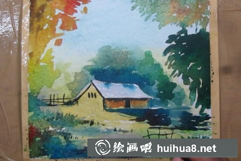 水彩畫林中小屋
