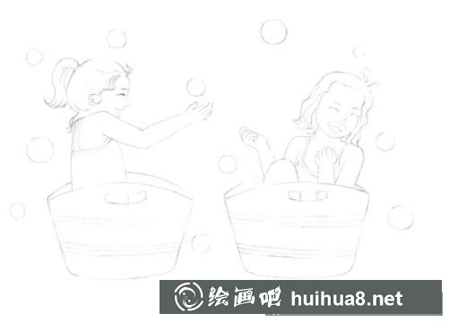 小女孩玩耍彩鉛插畫