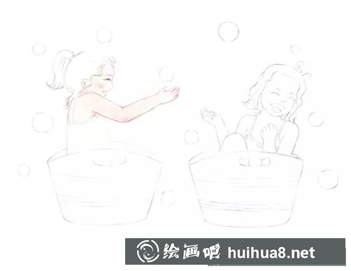 小女孩玩耍彩鉛插畫