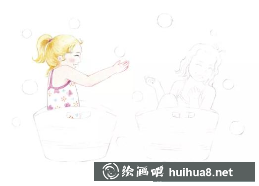 小女孩玩耍彩鉛插畫