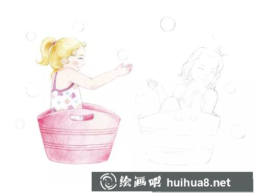 小女孩玩耍彩鉛插畫