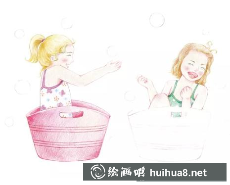 小女孩玩耍彩鉛插畫