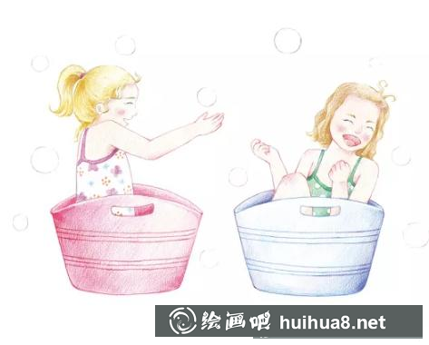 小女孩玩耍彩鉛插畫