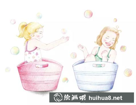 小女孩玩耍彩鉛插畫
