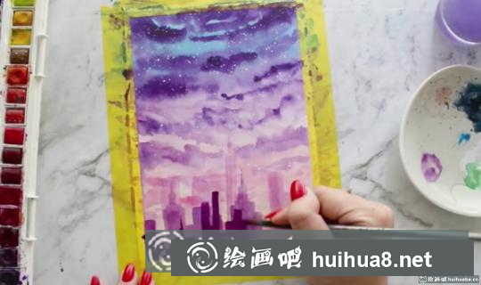 紫色星空水彩畫