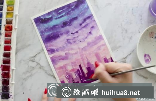 紫色星空水彩畫
