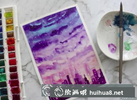 紫色星空水彩畫