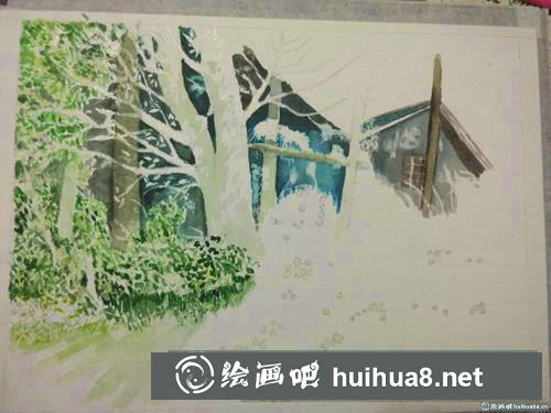 陽(yáng)光小木屋水彩畫