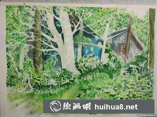 陽(yáng)光小木屋水彩畫