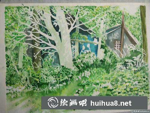 陽(yáng)光小木屋水彩畫