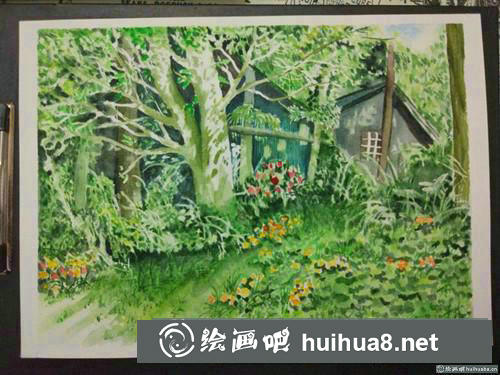 陽(yáng)光小木屋水彩畫