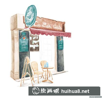 咖啡屋彩鉛畫