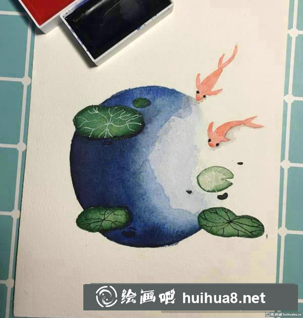 荷塘魚(yú)水彩畫(huà)