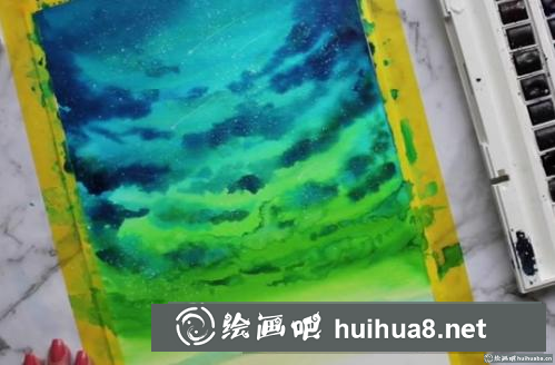 水彩畫星空下拿氣球的女孩
