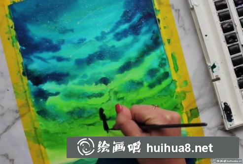 水彩畫星空下拿氣球的女孩