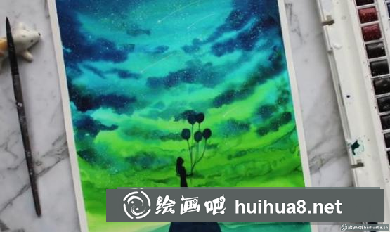 水彩畫星空下拿氣球的女孩