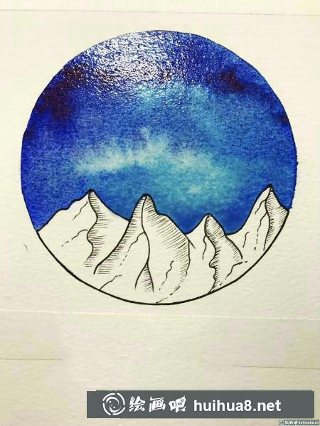 雪山星空水彩畫鋪底色