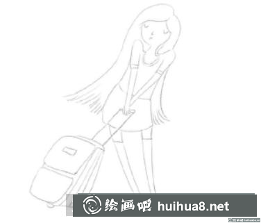 拖著行李箱的女孩彩鉛畫