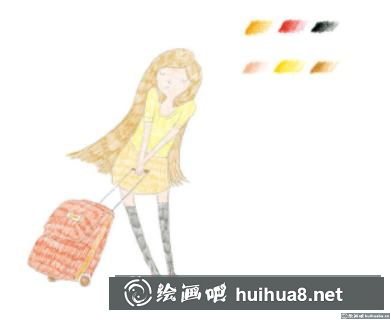 拖著行李箱的女孩彩鉛畫