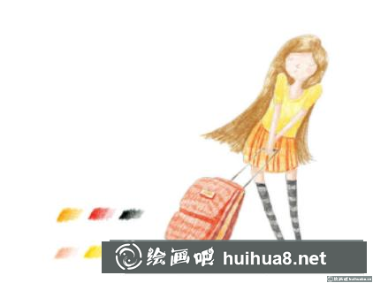 拖著行李箱的女孩彩鉛畫