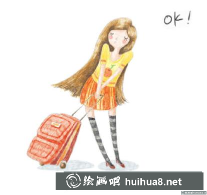 拖著行李箱的女孩彩鉛畫