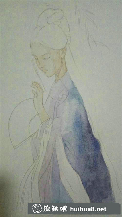 手拿折扇的古風(fēng)美人水彩畫