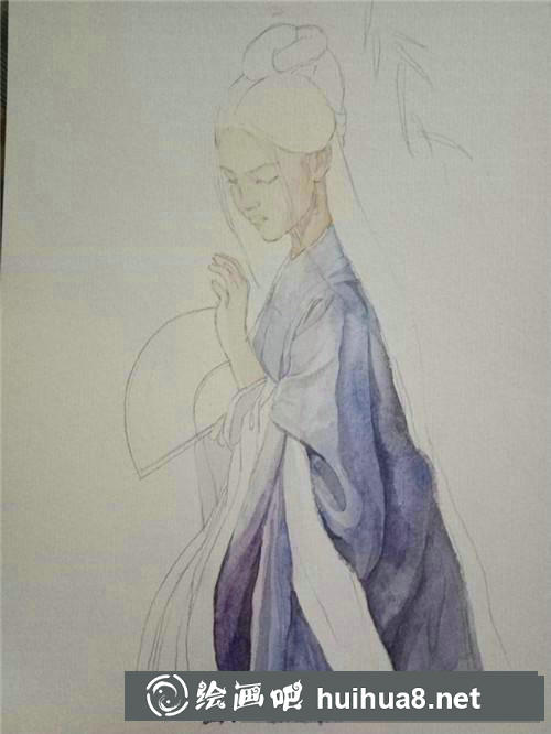手拿折扇的古風(fēng)美人水彩畫