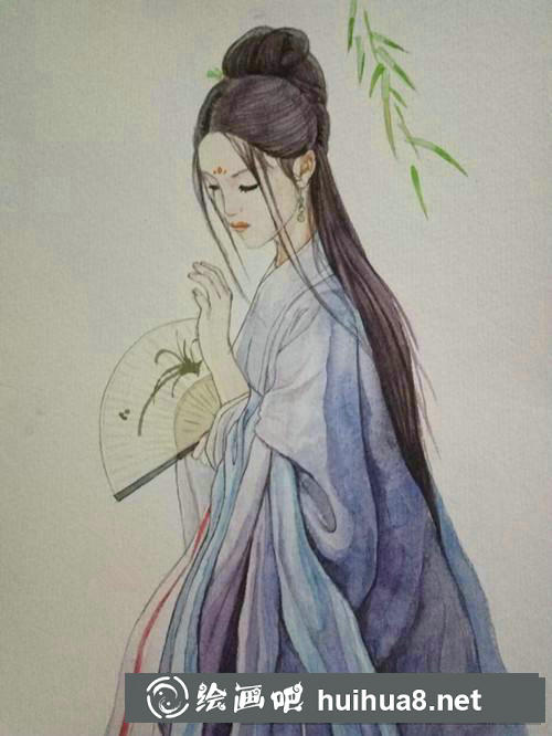 手拿折扇的古風(fēng)美人水彩畫