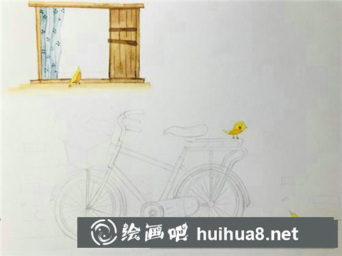 窗前的自行車水彩畫