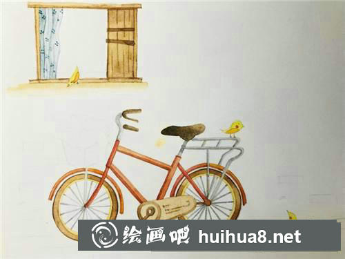 窗前的自行車水彩畫