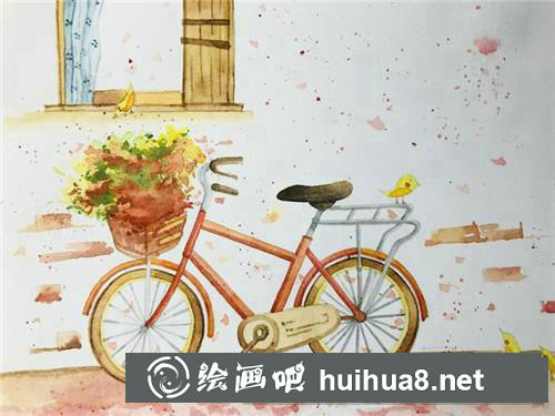 窗前的自行車水彩畫